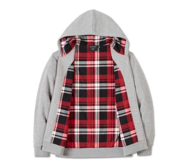 Felpa con cappuccio e cerniera Bar & Shield foderata in tartan - Grey Heather - Image 3